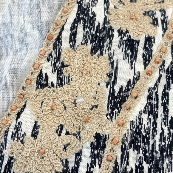 Zara Floral Embroidered Ikat Print Mini Dress Cotton Linen Boho Peasant Ivory L - Picture 7 of 10